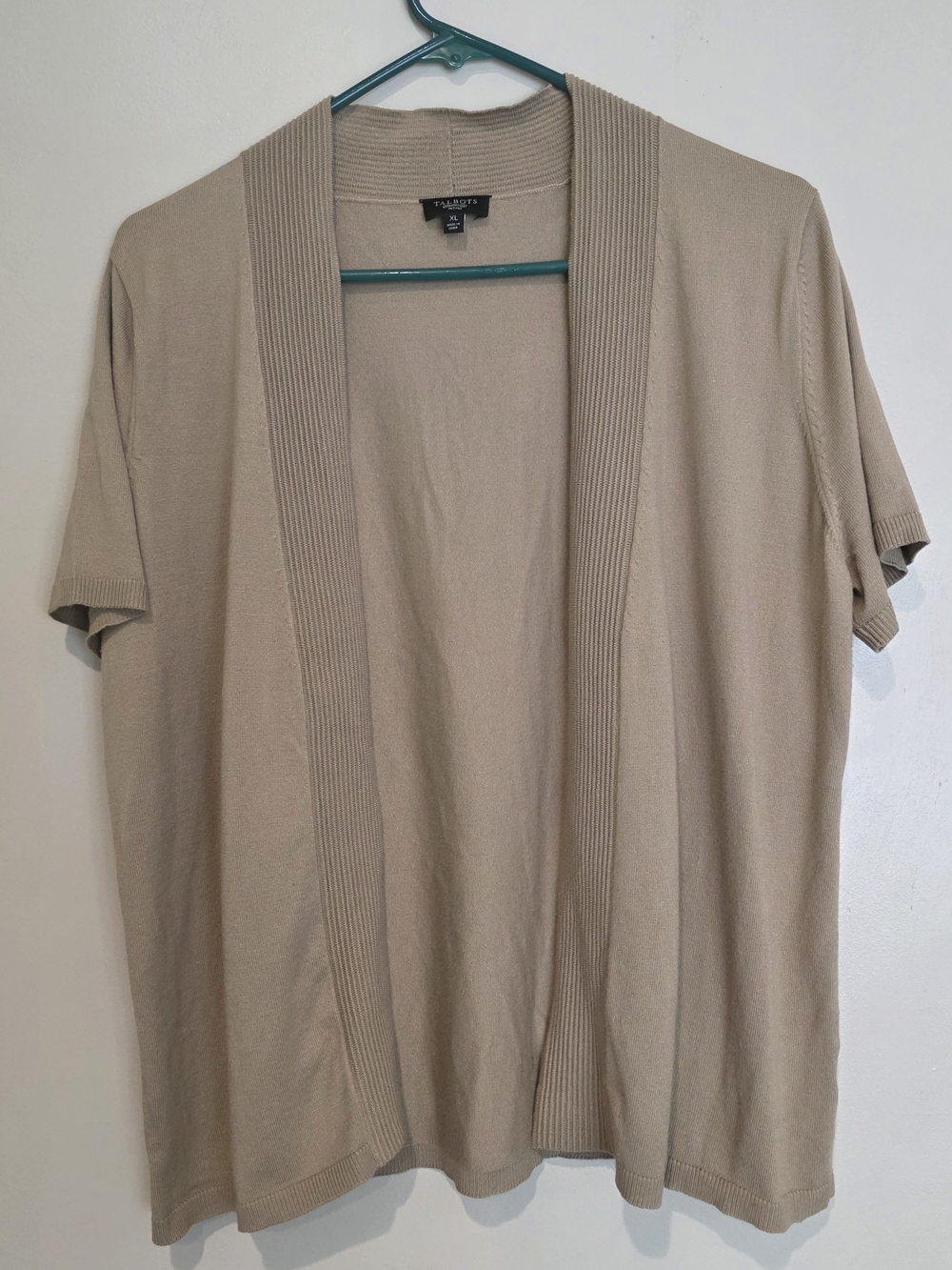 Talbots Open Front Short Sleeve Cardigan - Beige Ribbed XL Petite Casual Spring